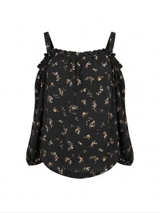 H&M Tops - H&M Black Floral Cute Stylish Womens Wide Strapped Blouse Size 12 Ruffle Edge